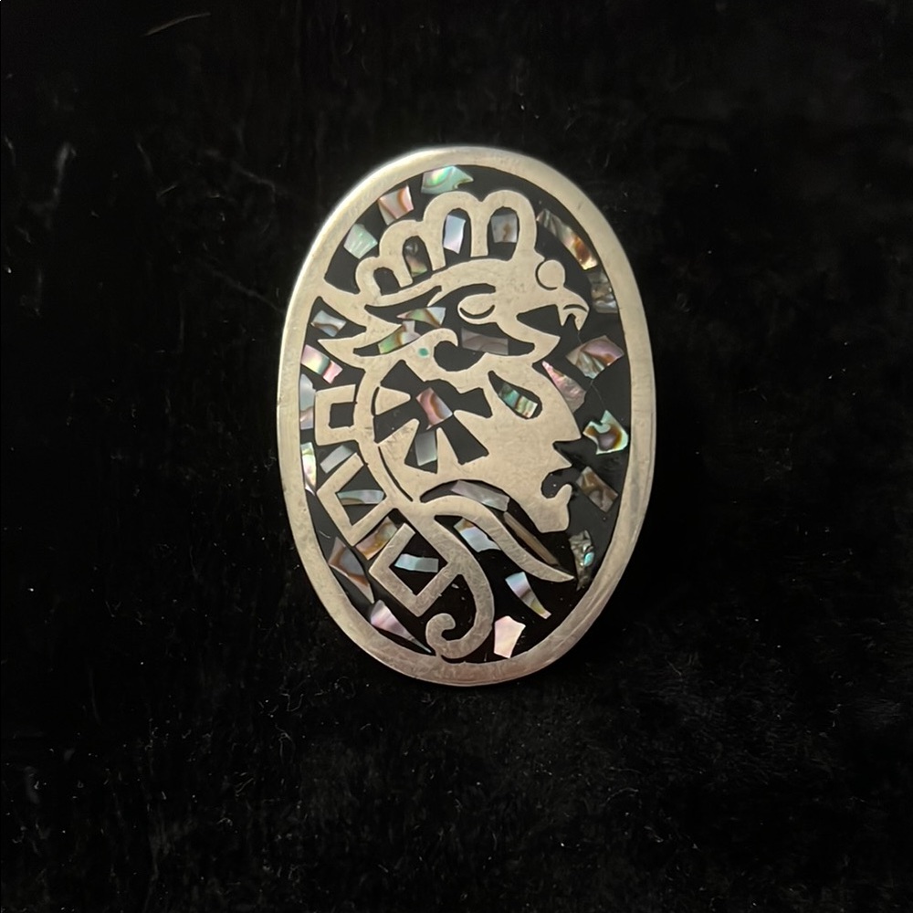 Vintage Alpaca Mexico Silver & Ablaone Inlay Aztec Warrior Brooch Pin Pendant